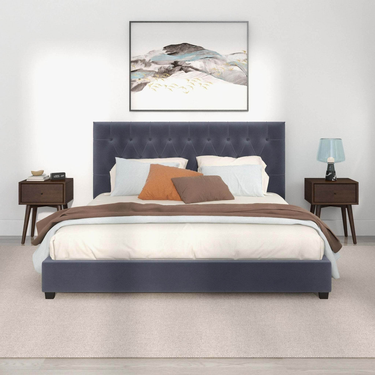 Grey Velvet Upholstered Queen Platform Bed Frame