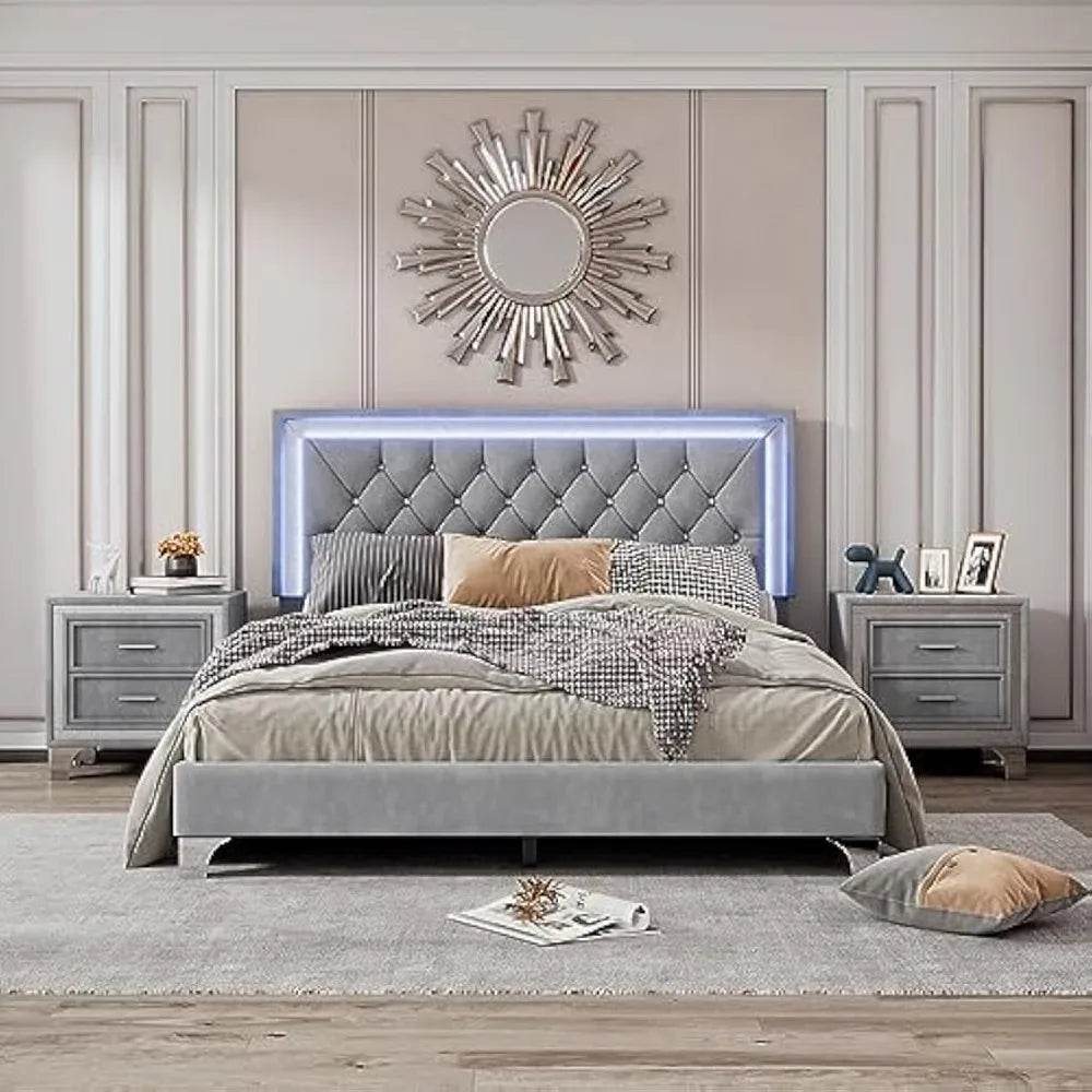 3 - Piece Upholstered Platform Bed With LED Nightstands Set - DAFIFY - Sleep Galleria
