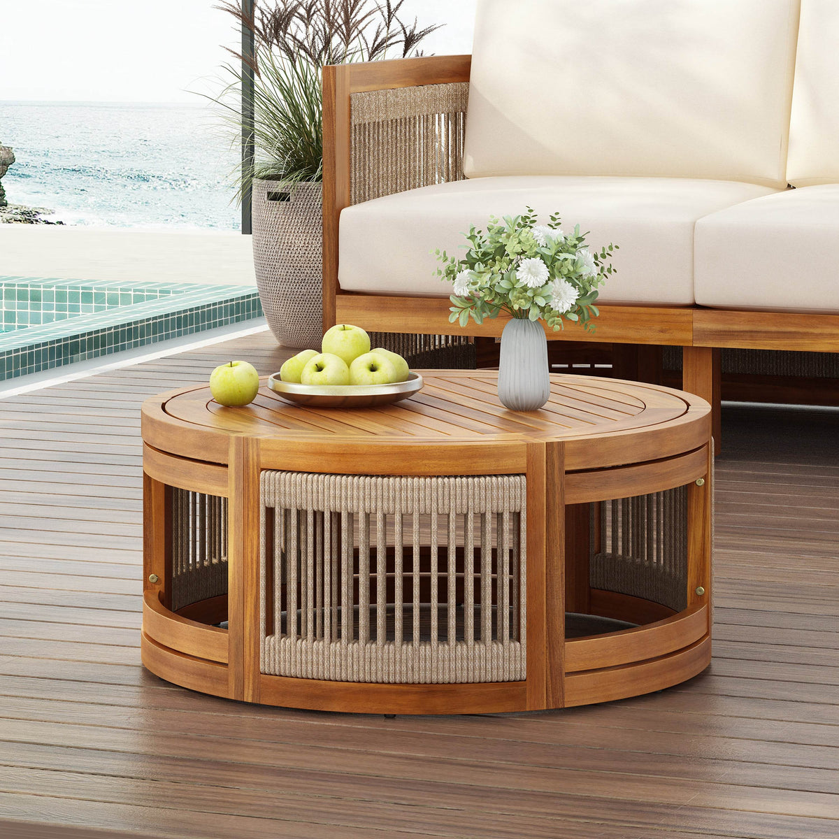 Acacia Wood Outdoor Coffee Table With Woven Rope Accents - Sleep Galleria