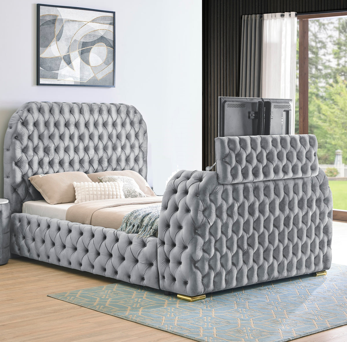 Ultra-Modern Gray Velvet Queen Bed With Fireplace