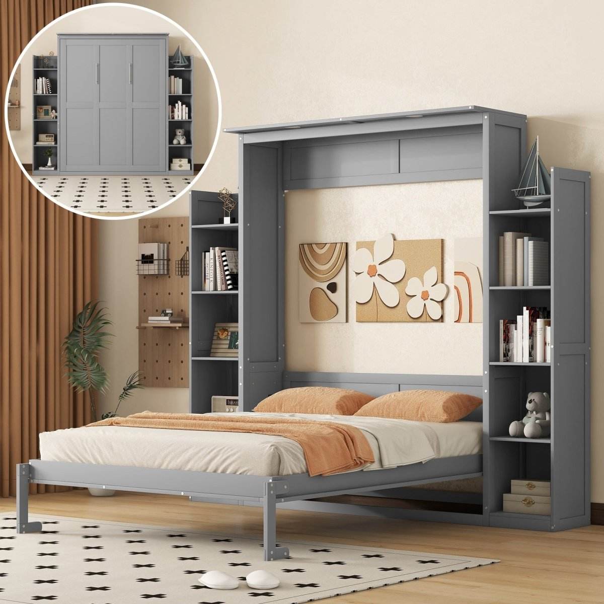 Space-Saving Queen Murphy Bed With Shelves And LED Lights - Sleep Galleria
