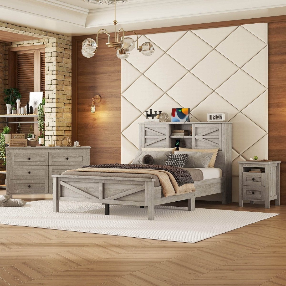3-Piece Antique Gray Farmhouse Platform Bed Set - Sleep Galleria