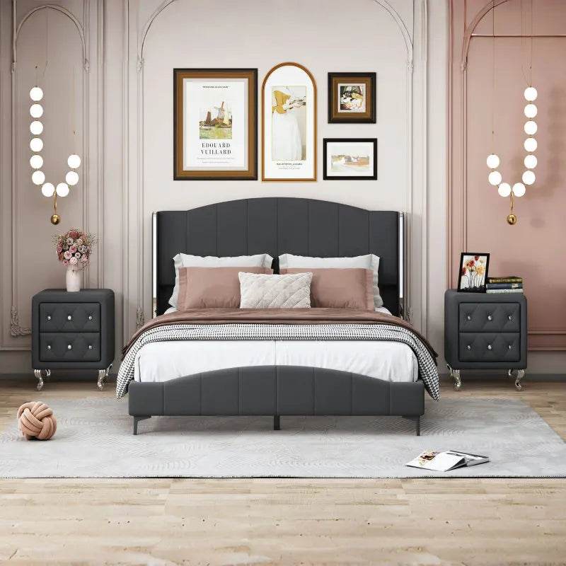 3 - Piece PU Leather Upholstered Platform Bed Set - Driftwood - Sleep Galleria