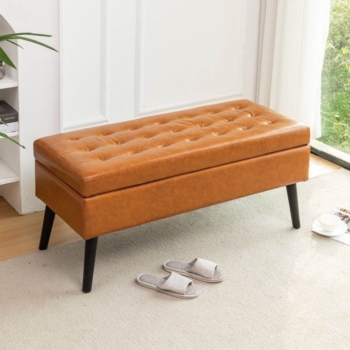 Brown PU Leather Storage Ottoman Bench With Storage - Sleep Galleria