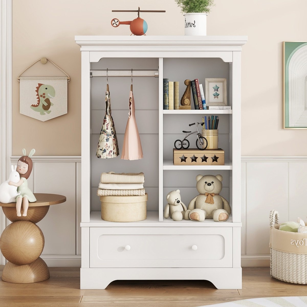 Children’s White Wardrobe With Hanging Rod And Drawers - Driftwood - Sleep Galleria