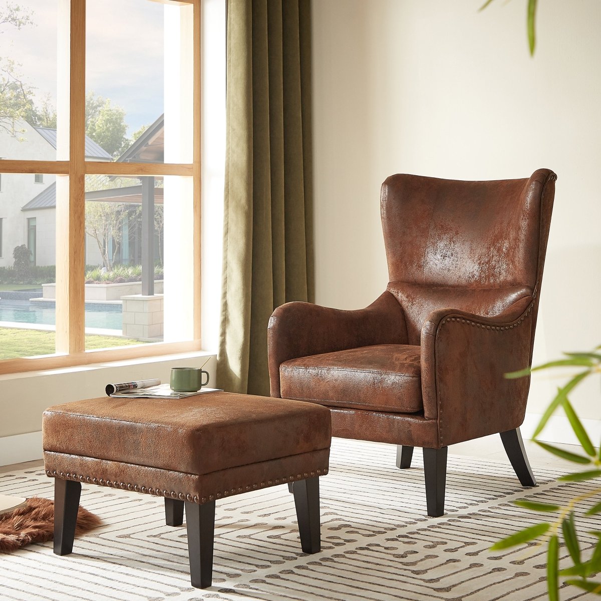 Hi - Back Vintage Distressed Accent Chair With Ottoman - Driftwood - Sleep Galleria