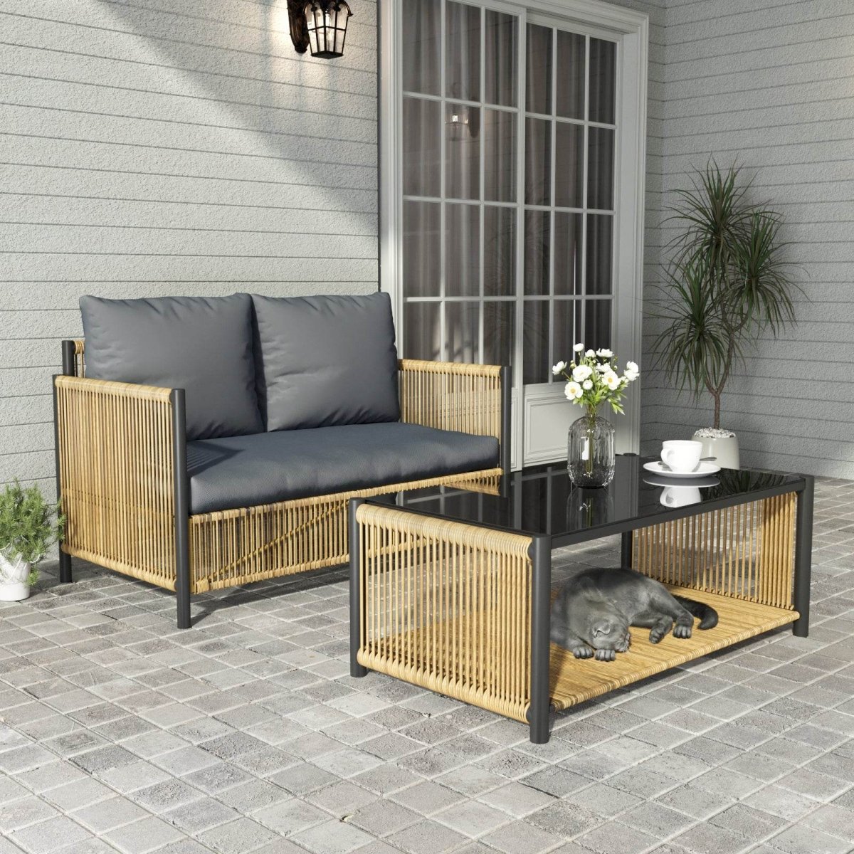 Modern Outdoor PE Rattan 2 - Seater Sofa Set With Table - Driftwood - Sleep Galleria