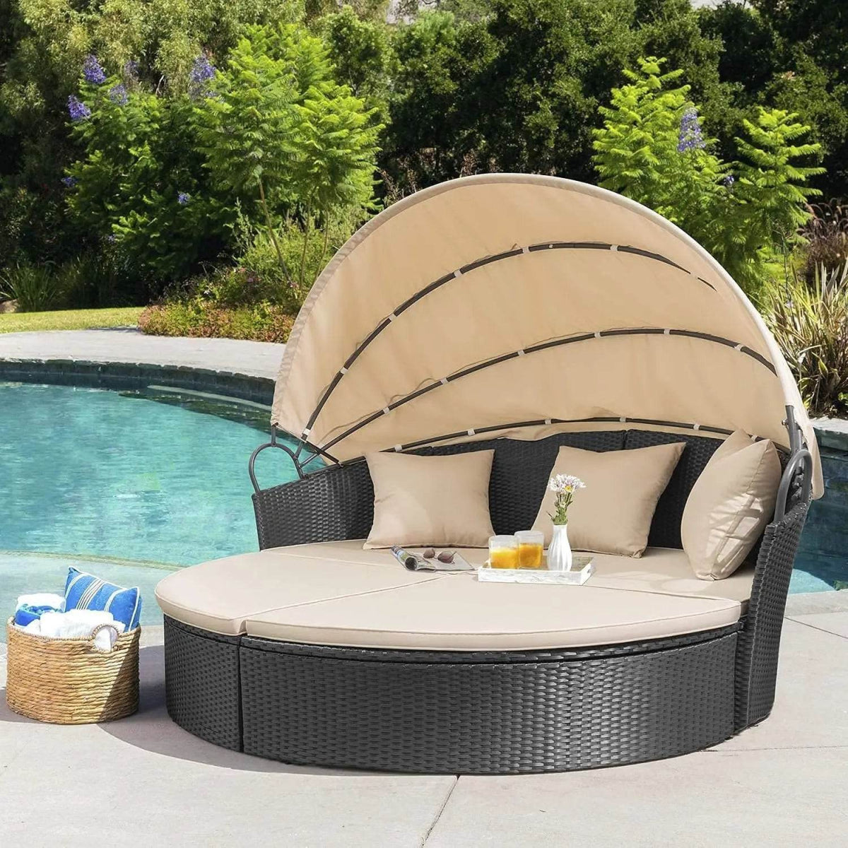 Retractable Canopy Rattan Outdoor Daybed With Cushions - Driftwood - Sleep Galleria