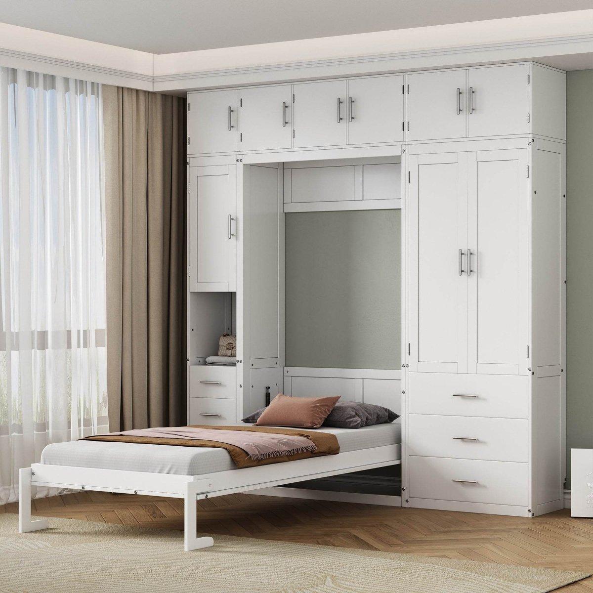 Twin Murphy Bed Frame With Lockers And Wardrobes - Driftwood - Sleep Galleria