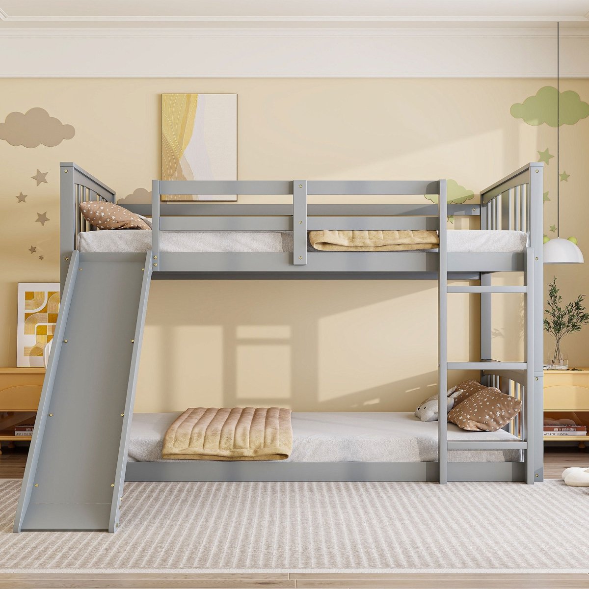 Twin Over Twin White Gray Bunk Bed With Slide Ladder - Driftwood - Sleep Galleria