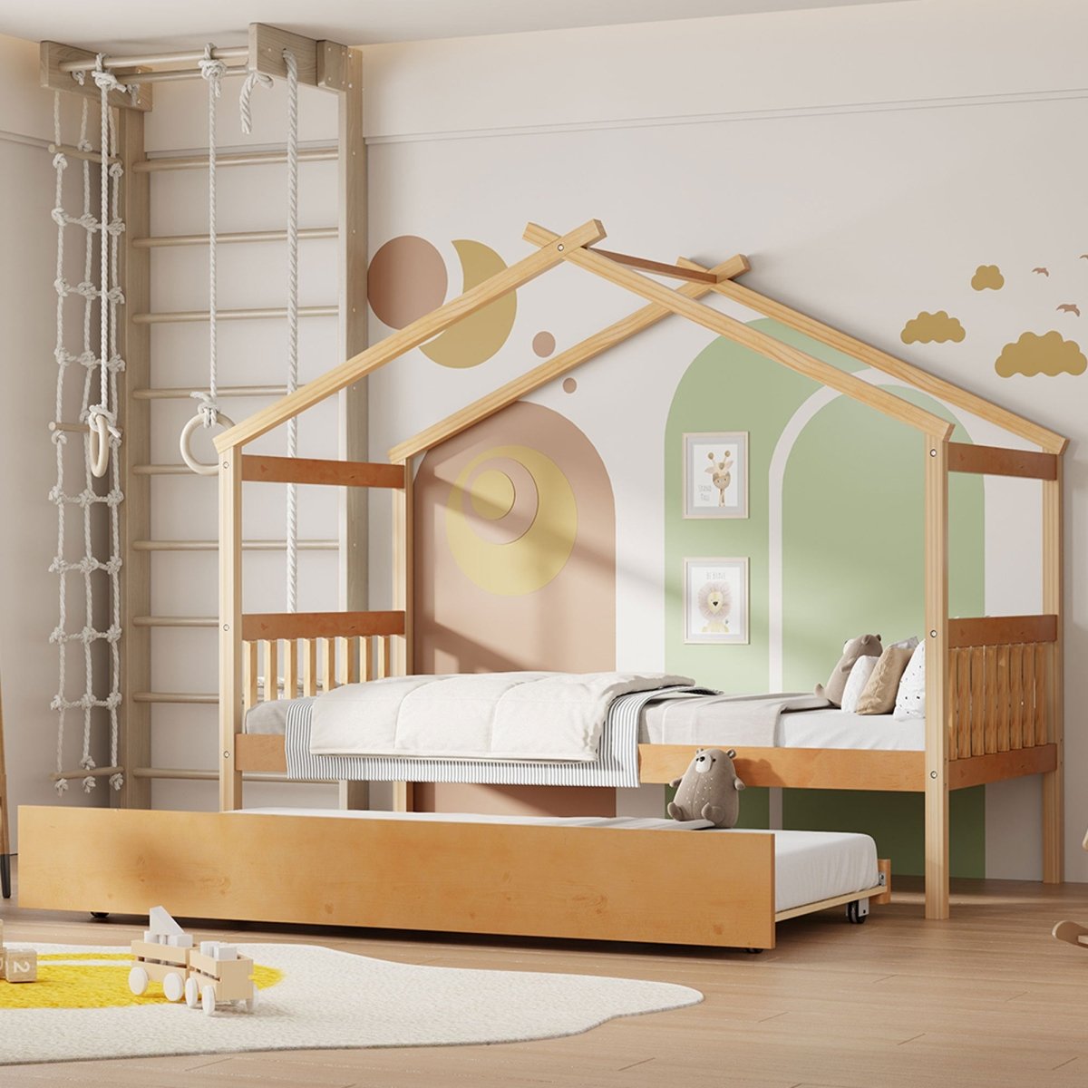 Twin Size Solid Wood House Daybed With Trundle - Driftwood - Sleep Galleria
