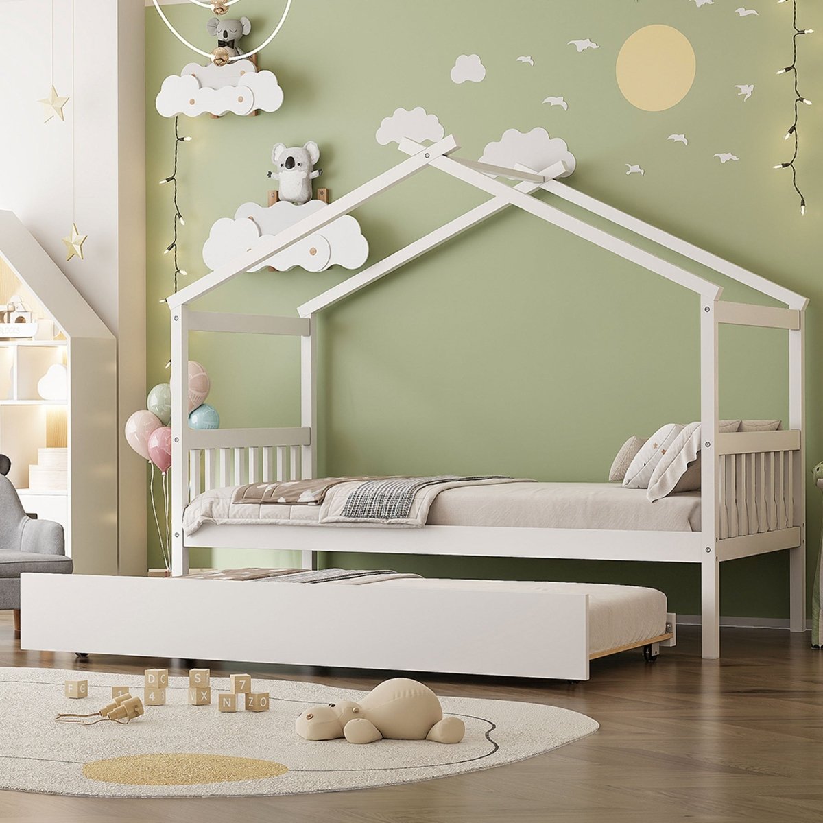 Twin Size Solid Wood House Daybed With Trundle - Driftwood - Sleep Galleria