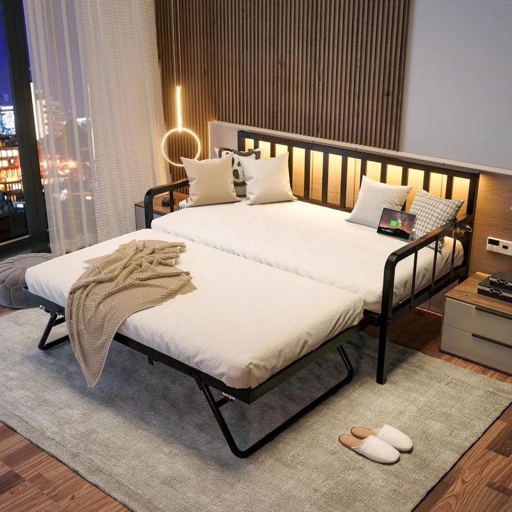 Metal Twin Daybed With Pop - Up Trundle Charging Station - DUTRIEUX - Sleep Galleria