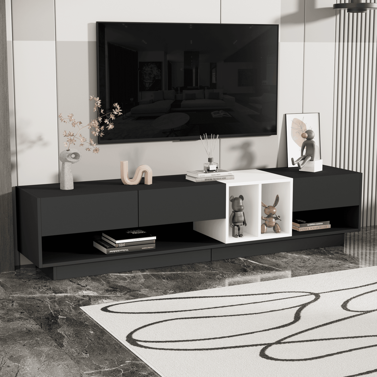 Sleek Two-Tone Black Particle Board TV Stand - Sleep Galleria
