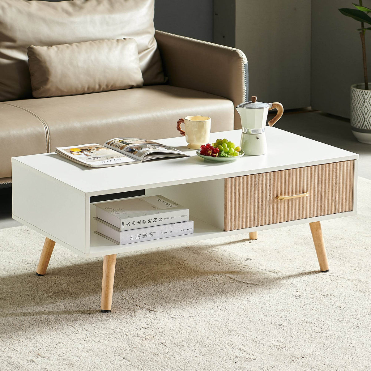 White Solid Wood Sliding Drawer Coffee Table