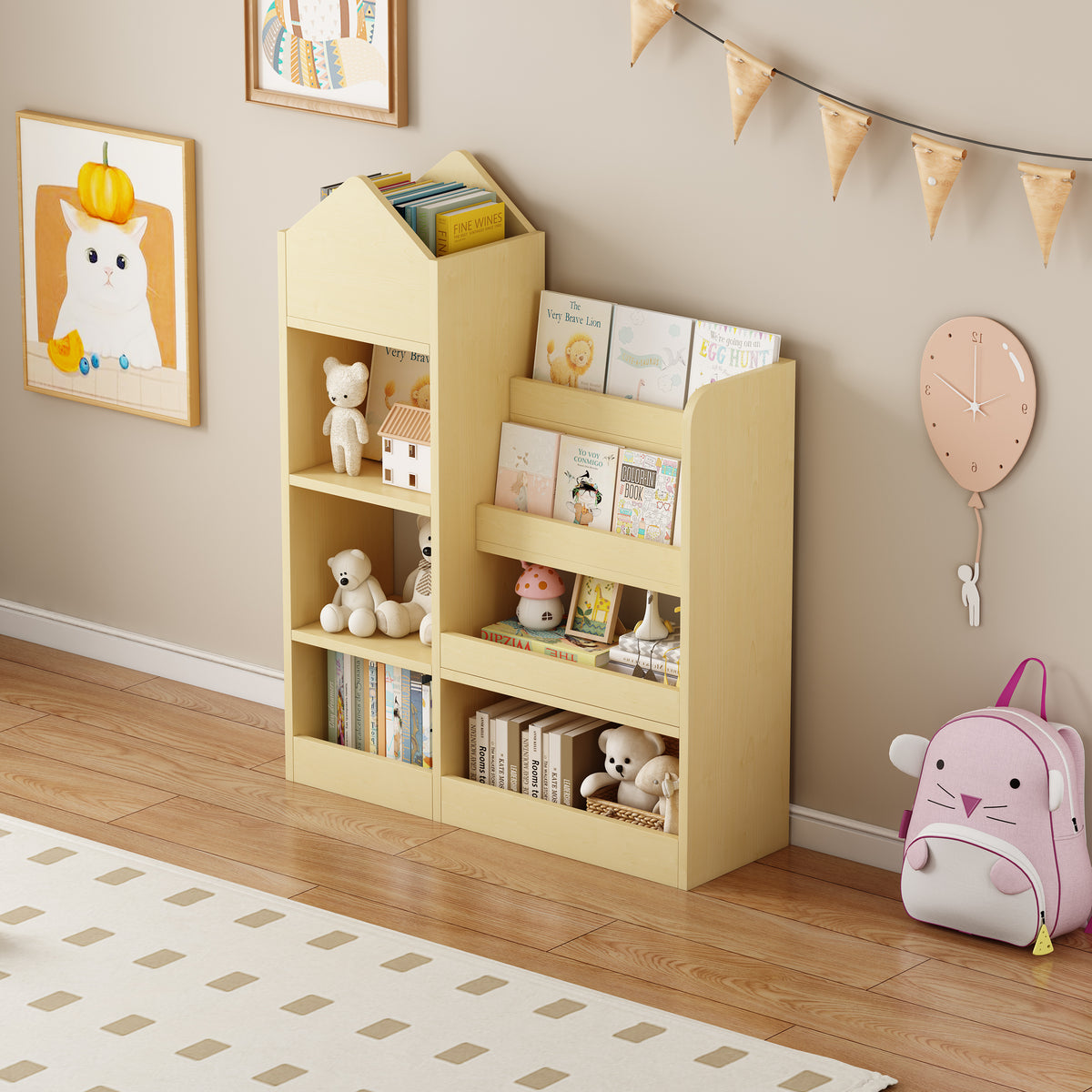 Kids Wooden Bookshelf Storage Organizer With Baskets