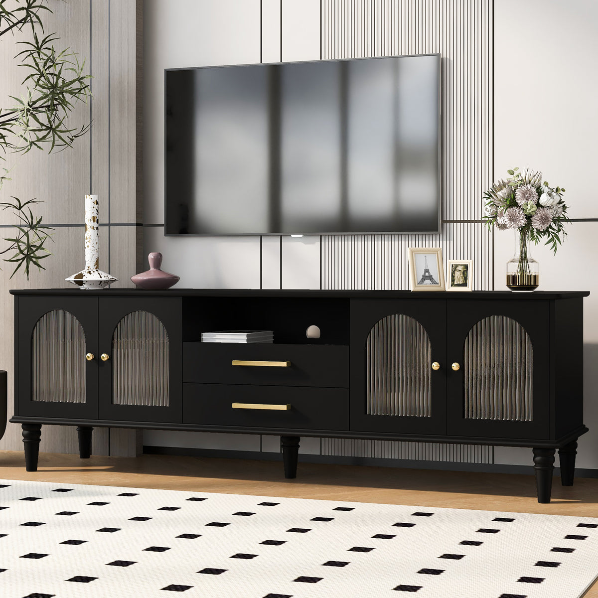 Retro Black MDF TV Stand With Drawers And Cabinets