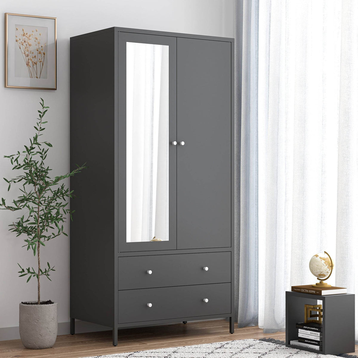 Retro Steel Armoire Wardrobe Closet With Mirror Door