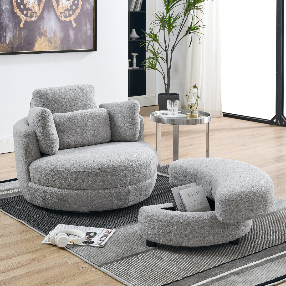 Oversized Plush Swivel Chair With Storage Ottoman