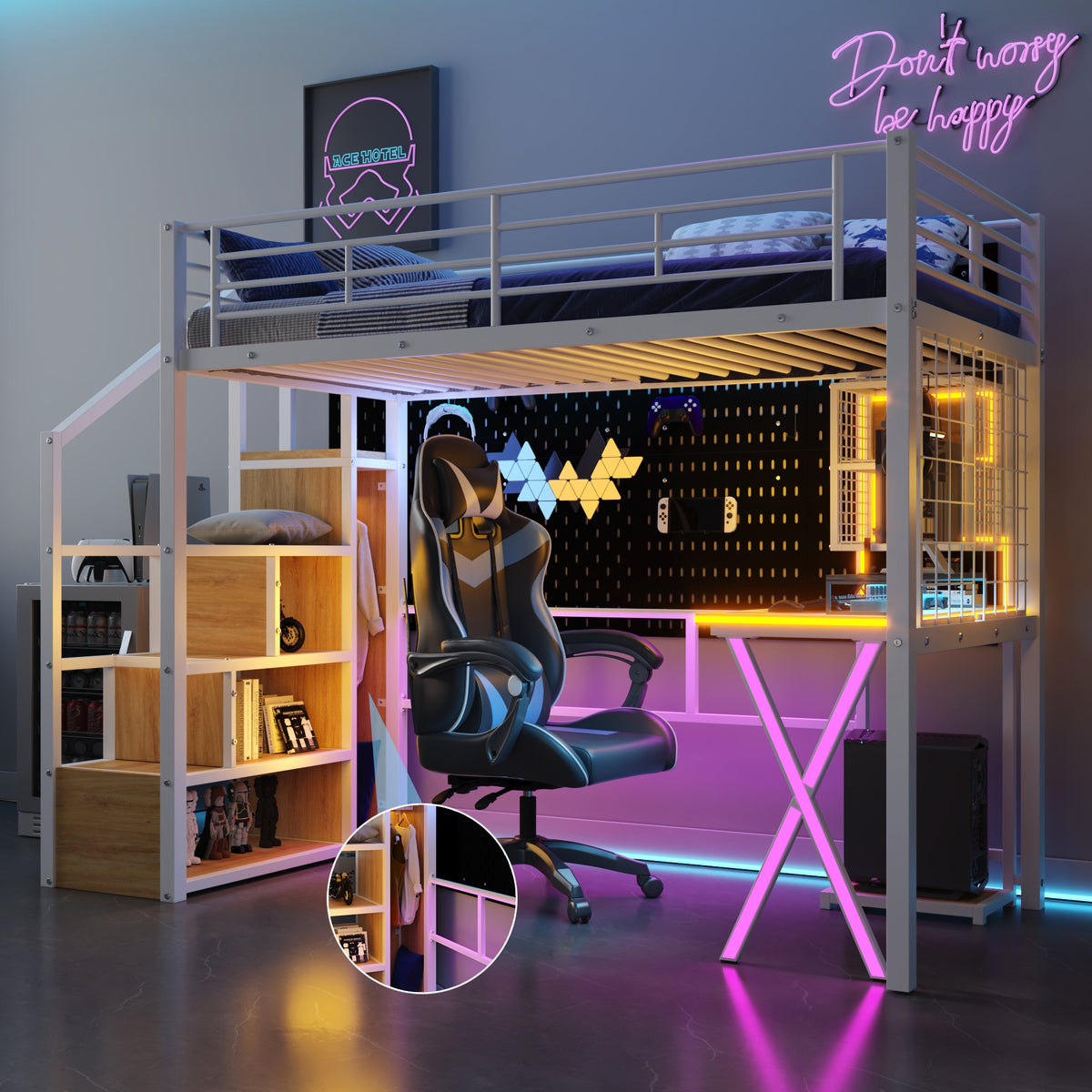 Twin Metal Loft Bed With Workstation Wardrobe and LED