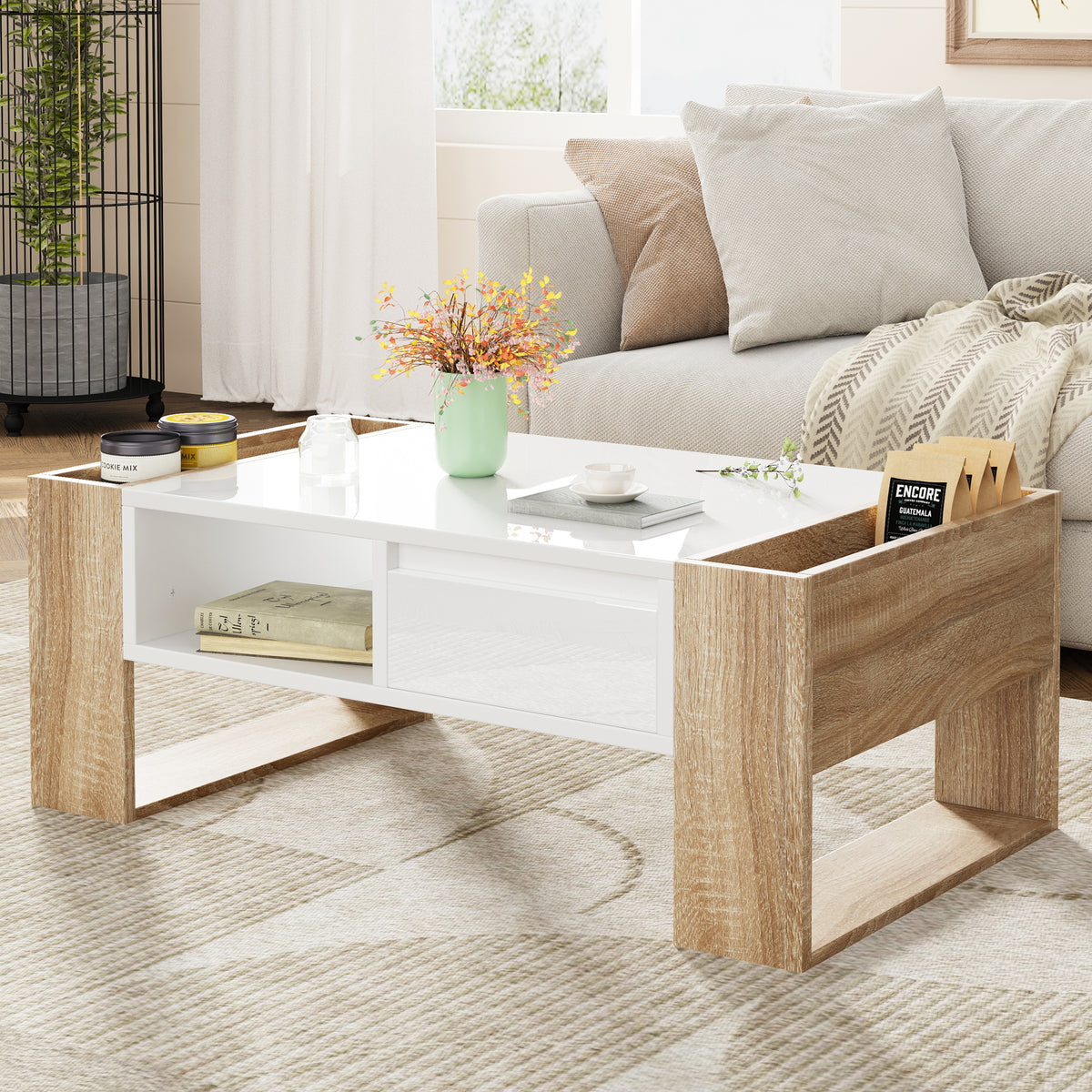 High Glossy White Coffee Table With Drawers