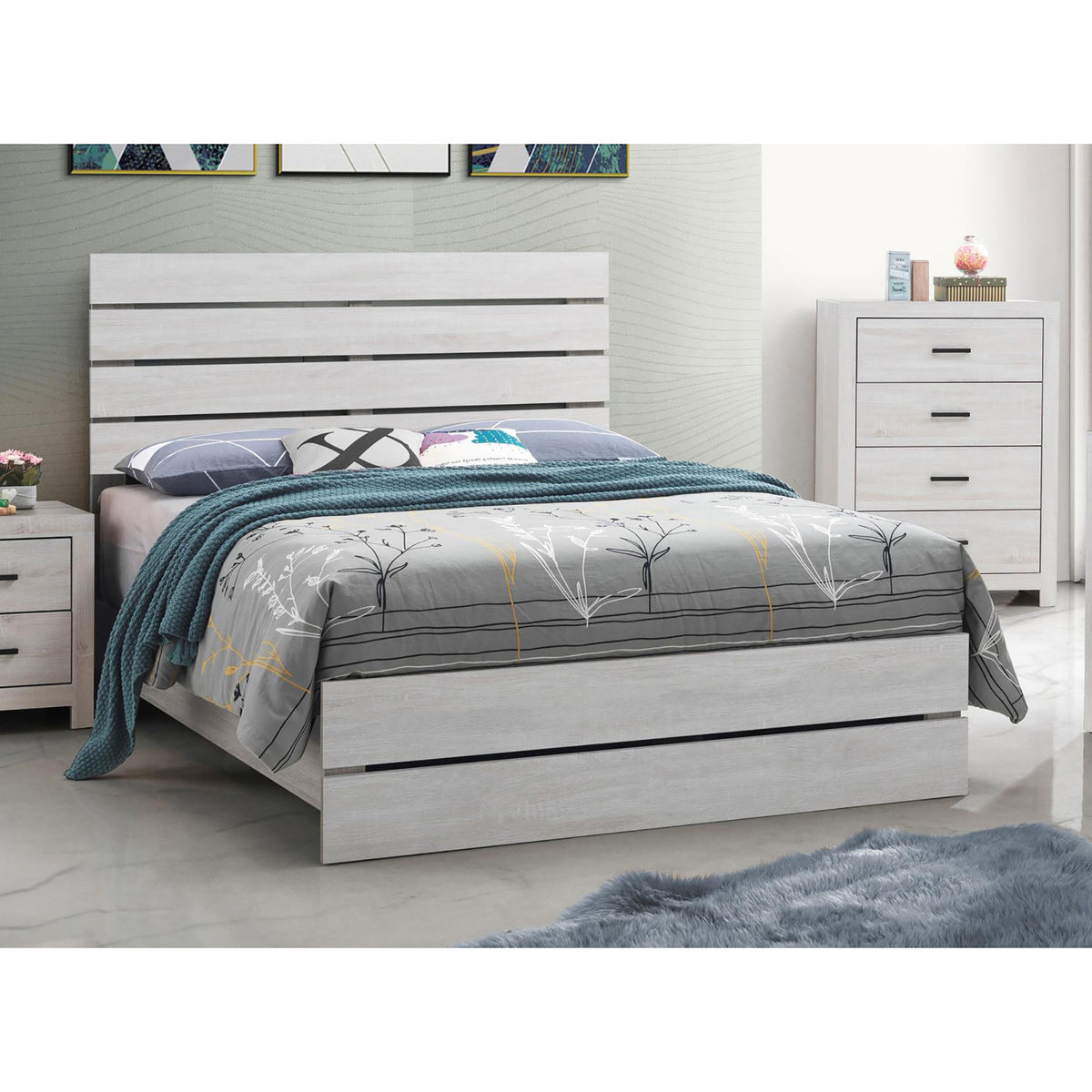 Queen Coastal White Wood Slatted Panel Bed Frame