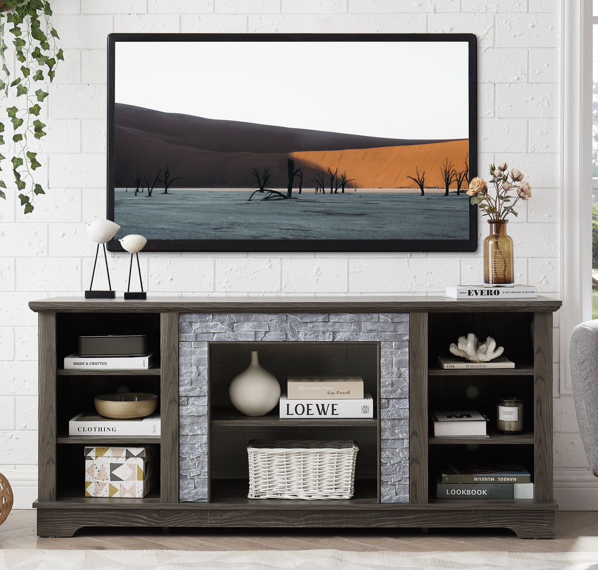 Grey Faux Stacked Stone MDF TV Media Stand Console