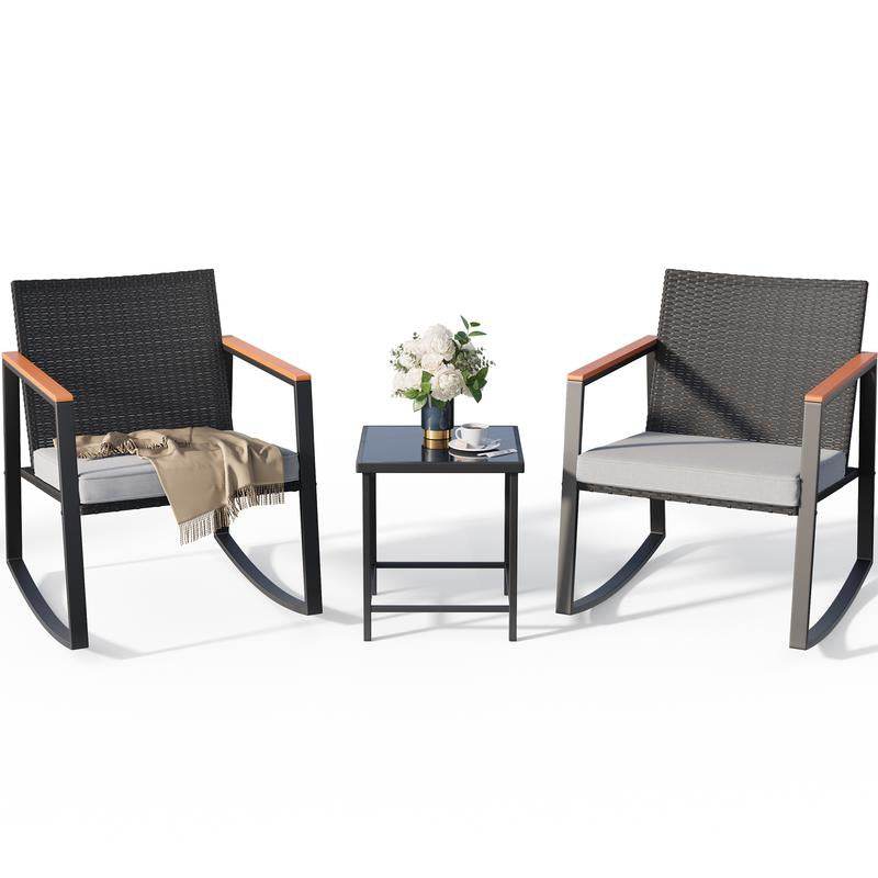 Gizoon 3 Pieces Rocking Patio Bistro Set with Anti-Scald Armrest, Outdoor Patio Wicker Furniture Set with Glass Table and Cushion for Garden, Yard, Porch Swing Chair Durable