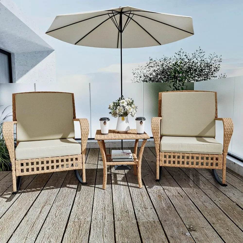 3-Piece Outdoor Rattan Rocking Chair Set With Cushions - Sleep Galleria