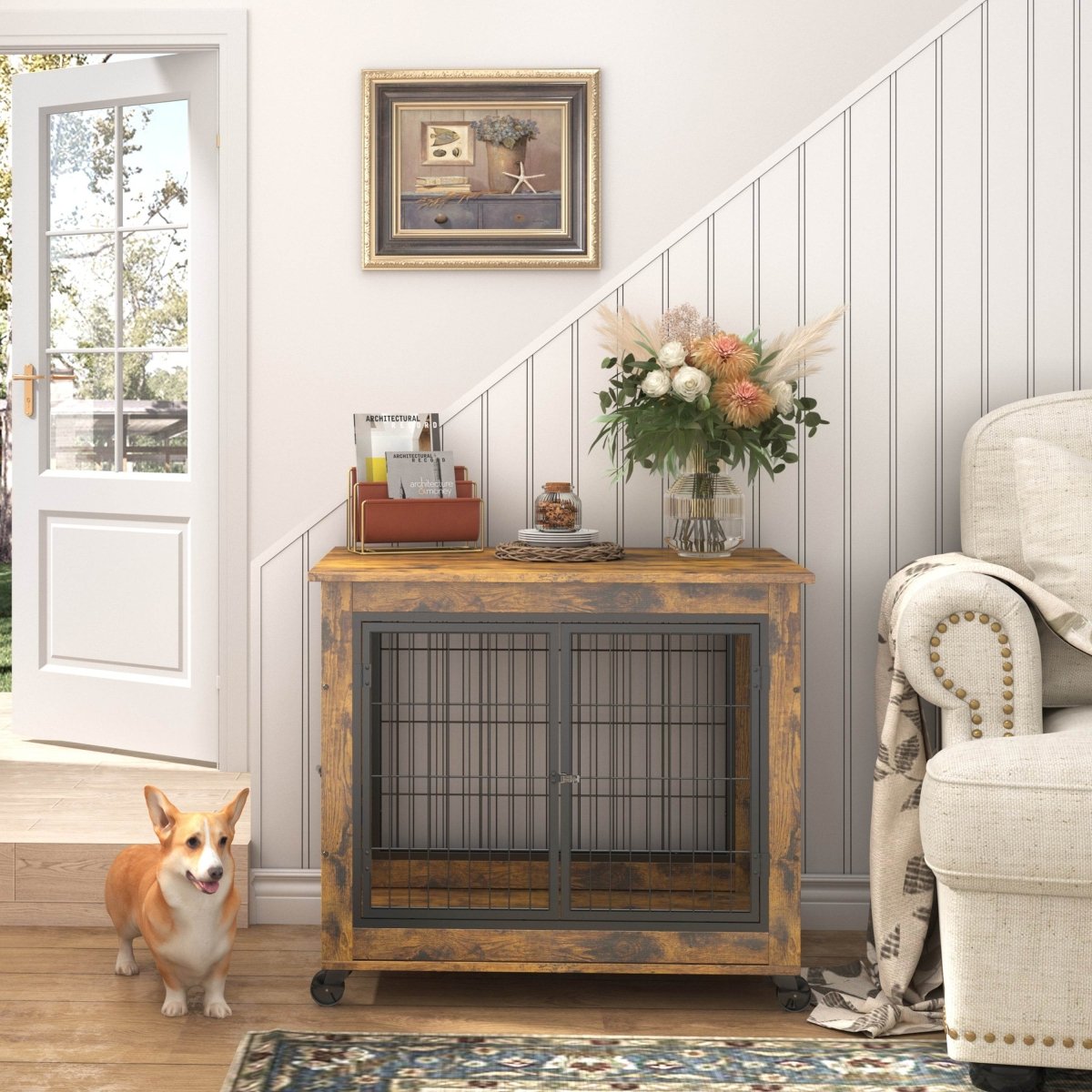 Rustic Brown Furniture Dog Crate With Rolling Casters - Sleep Galleria
