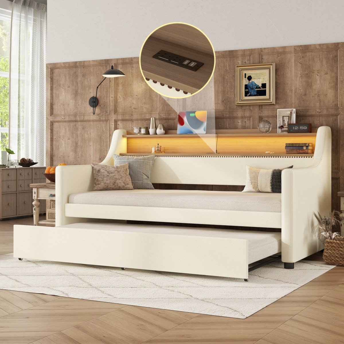 Twin PU Leather Daybed With Trundle Charging Station LED Light - Sleep Galleria