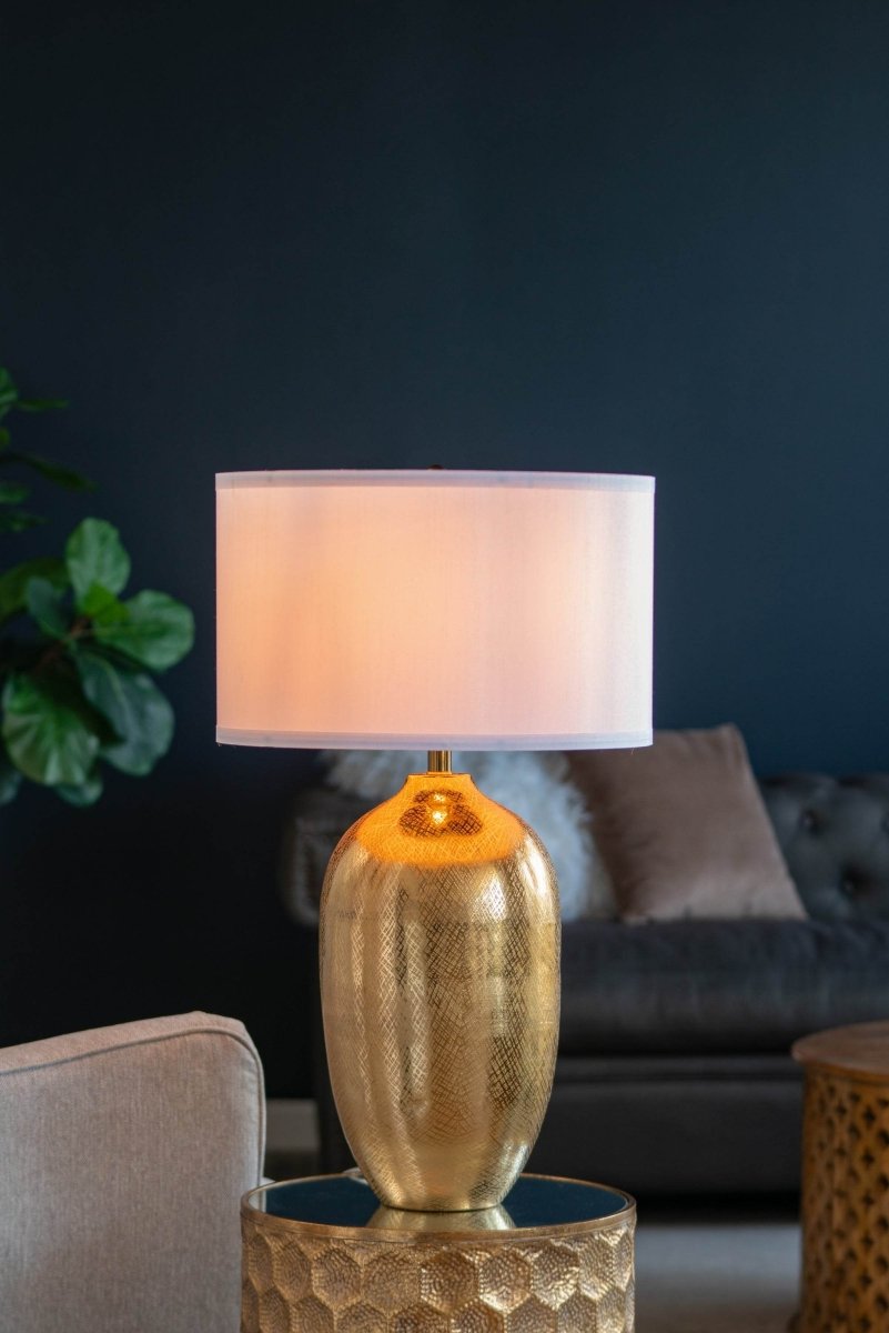Gold Aluminum Round Table Lamp With White Fabric Shade - Serenova - Sleep Galleria