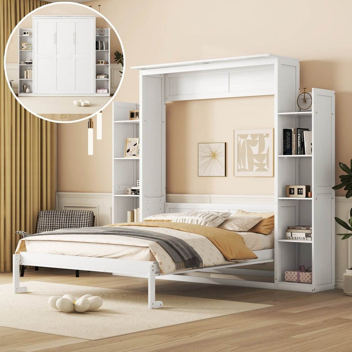Queen Murphy Wall Bed With Shelves And LED Lights - Sleep Galleria