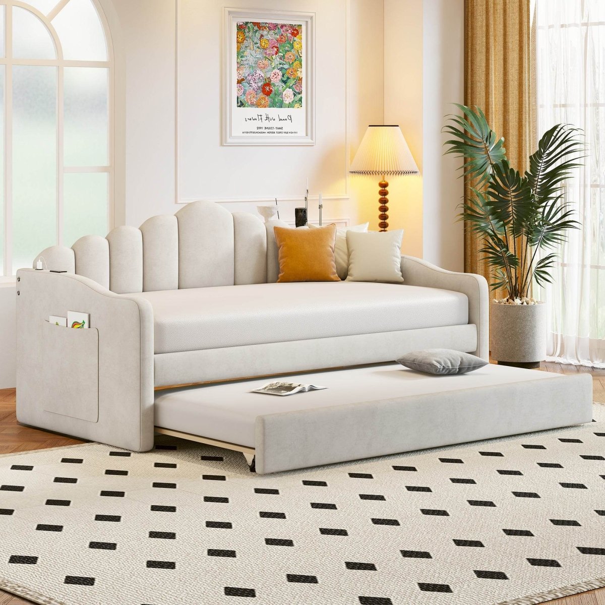 Twin Velvet Upholstered Daybed With Trundle And USB Ports - Serenova - Sleep Galleria