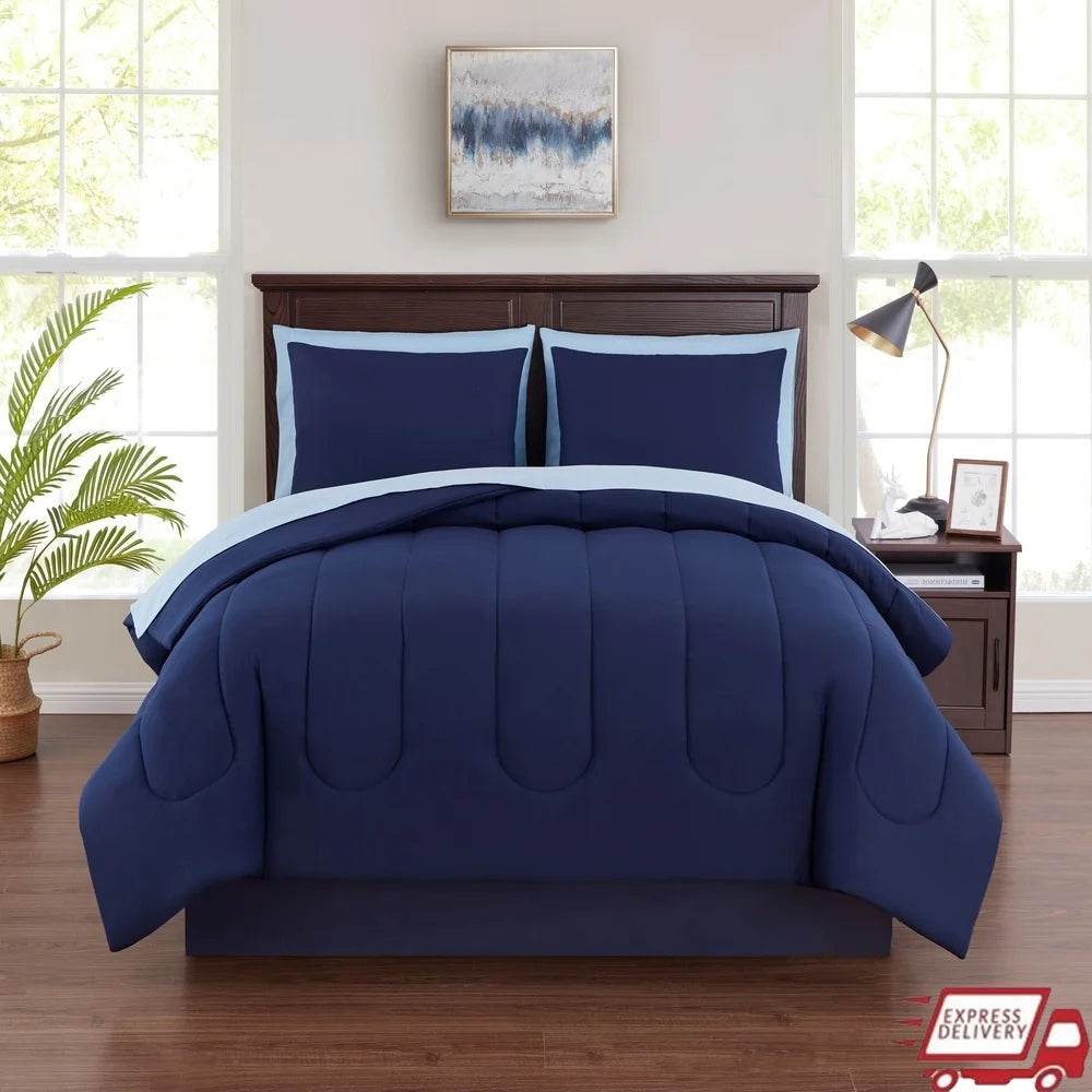 7 Piece Reversible Bed in a Bag Comforter Set with Sheets Pillowcases Shams Fitted Flat Queen Size Machine Washable Polyester - Sleep Galleria - Sleep Galleria