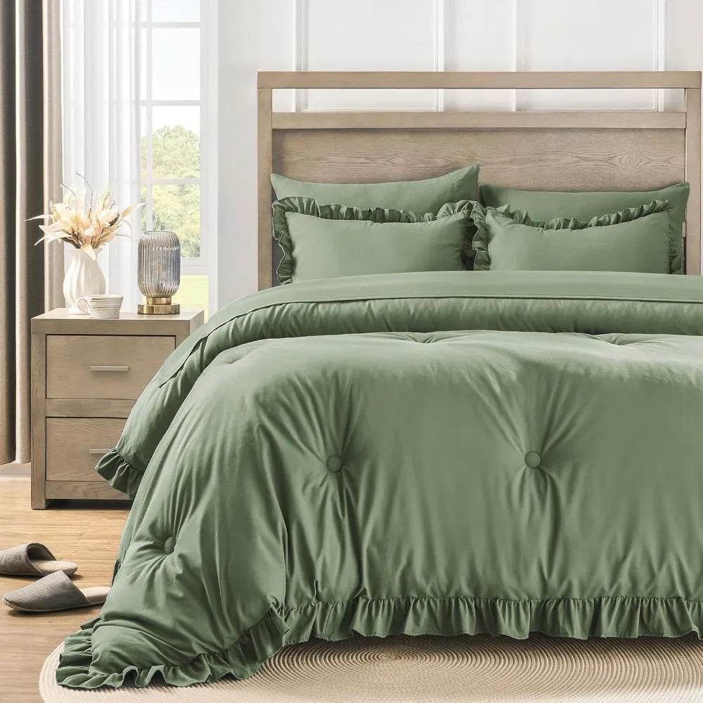 Bedding Set, 7 Pieces King Comforter Set in Green Ruffle, Shabby Chic Bed in A Bag with Premium Brushed Microfiber, Bedding - Sleep Galleria - Sleep Galleria