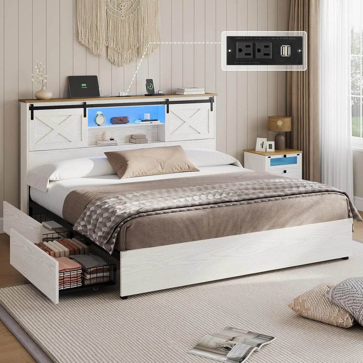 Farmhouse Bed Frame California King Size with 4 Storage Drawers, Wooden Platform Cal King Beds with Charging Station and LED - Sleep Galleria - Sleep Galleria