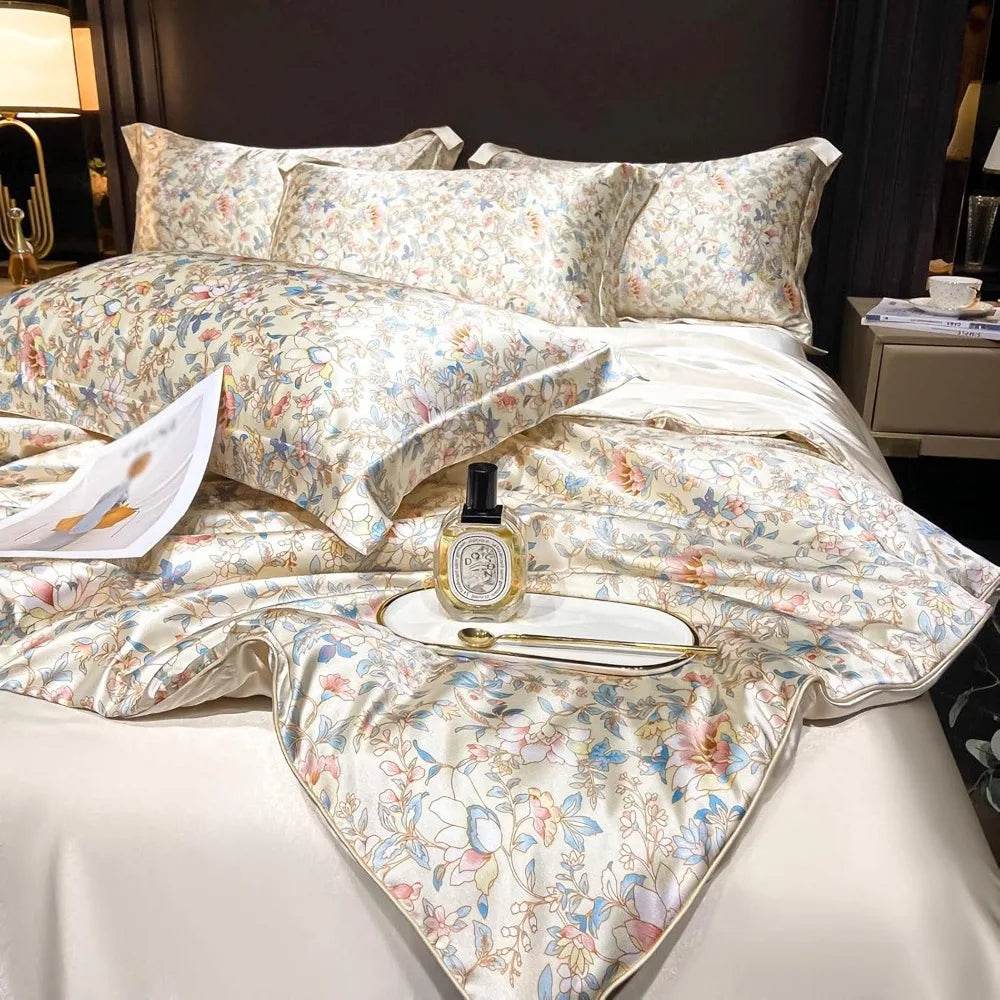 Floral Duvet Cover King Size, with Flat Sheet, 4 Pieces Satin Soft Bedding, 1 Breathable Duvet Cover 104x90 Inches, Bedding Set - Sleep Galleria - Sleep Galleria