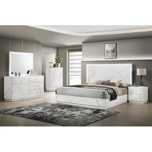 Queen 5-Piece Bedroom Set – Modern Design with Lacquer Finish, Geometric Accents, and LED Lighting - Sleep Galleria