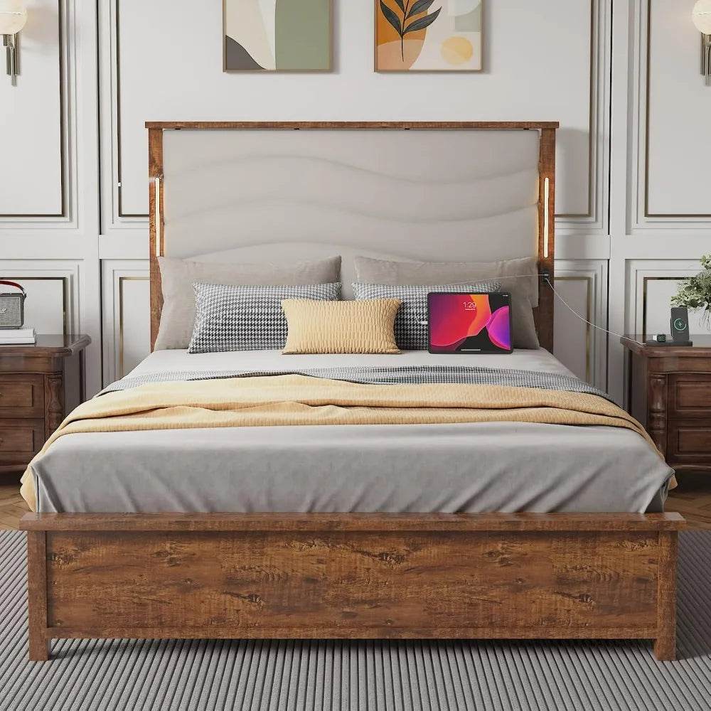 Tall Headboard Queen Bed Frame, Storage&Led Lights & Charging Station, Noise - Free/No Box Spring Needed, Metal Platform Bed Frame - Sleep Galleria - Sleep Galleria