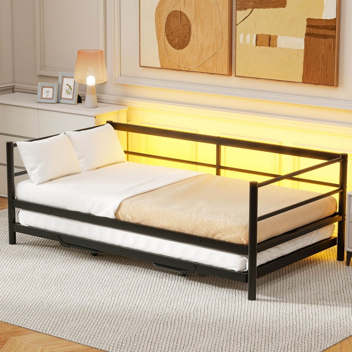 Twin Metal Daybed With LED Lighting And Adjustable Trundle - Somnio - Sleep Galleria