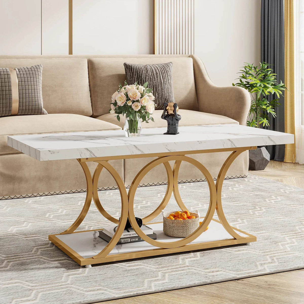 Modern 2-Tier Rectangular Marble Veneer Coffee Table - Sleep Galleria