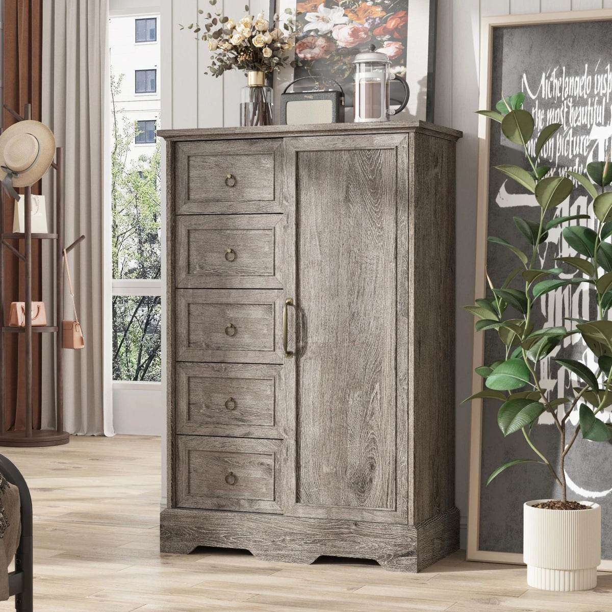 Farmhouse 5-Drawer Dresser With Sliding Barn Door - Sleep Galleria