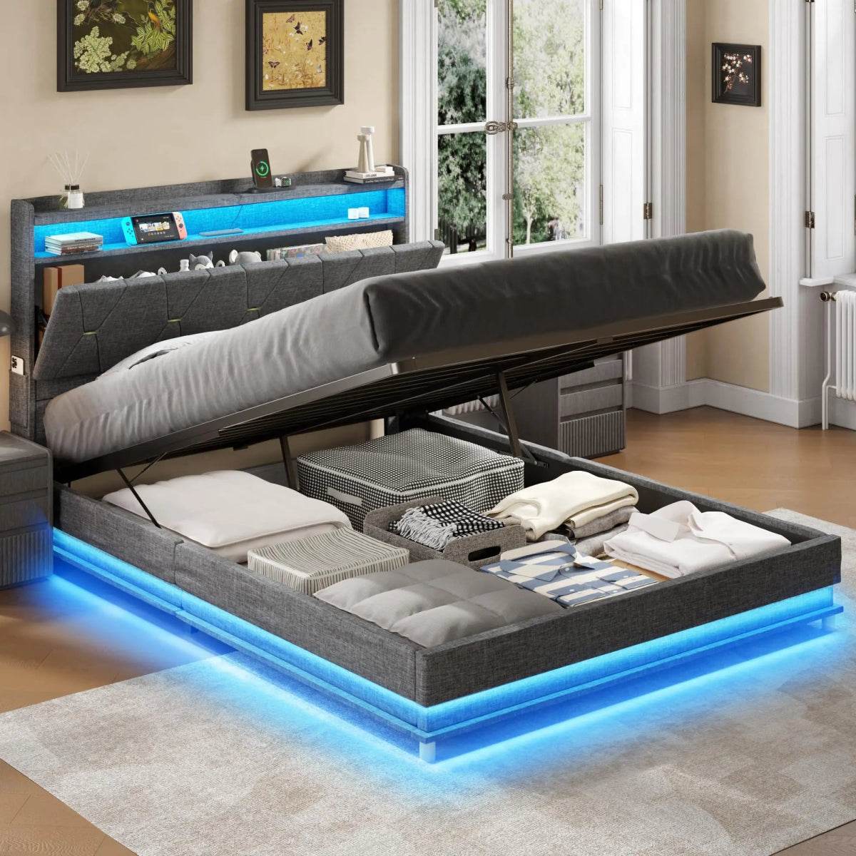 Upholstered Bed Frame With Storage LED Lights USB Ports - Sleep Galleria