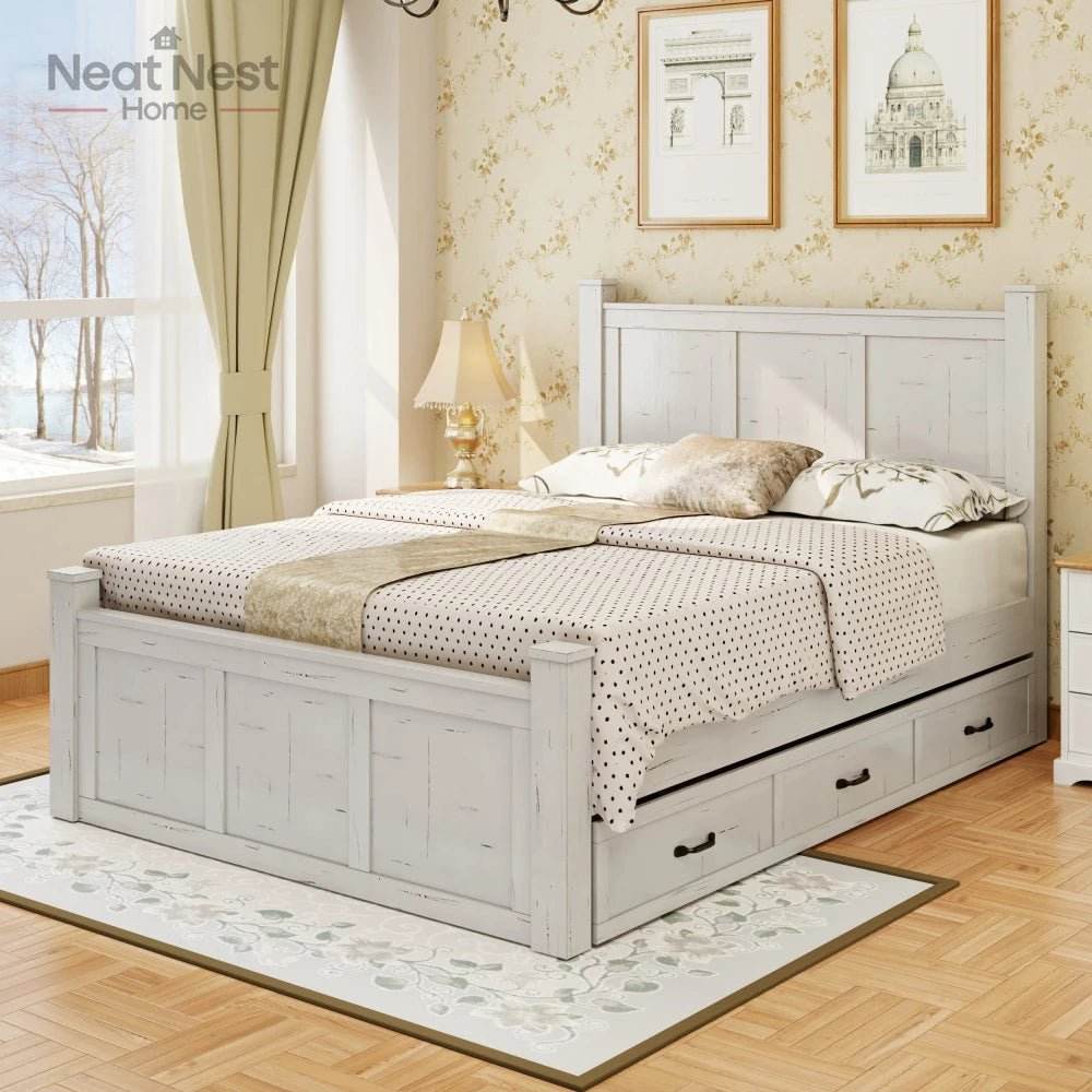 Farmhouse Wooden Panel Poster Bed Frame With Storage Drawers - Sleep Galleria