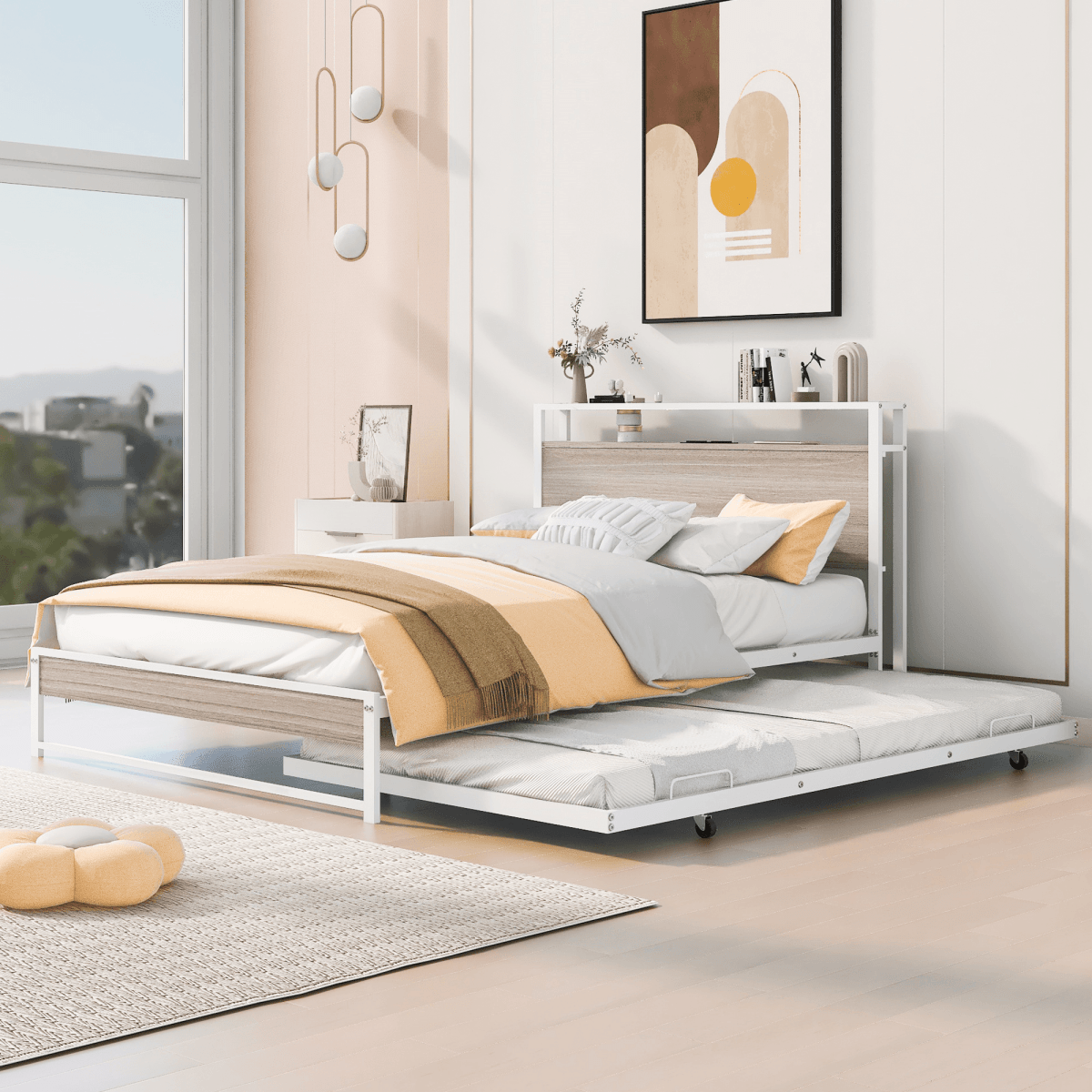 Full Metal Platform Bed Frame With Trundle USB Ports - Veluna - Sleep Galleria