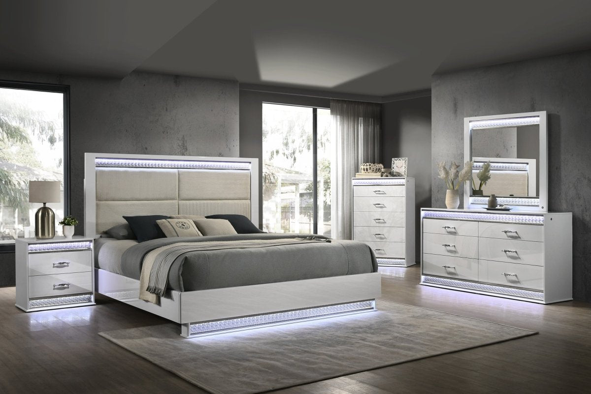 Glam Modern 5 - Piece Queen Wood Bedroom Set With LED Lighting - Veluna - Sleep Galleria
