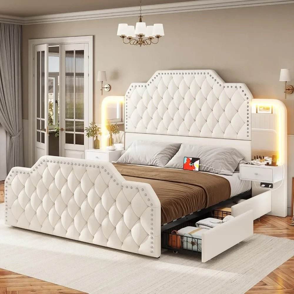 Leather Upholstered Bed Frame With Storage Drawers And LED Charging - Sleep Galleria