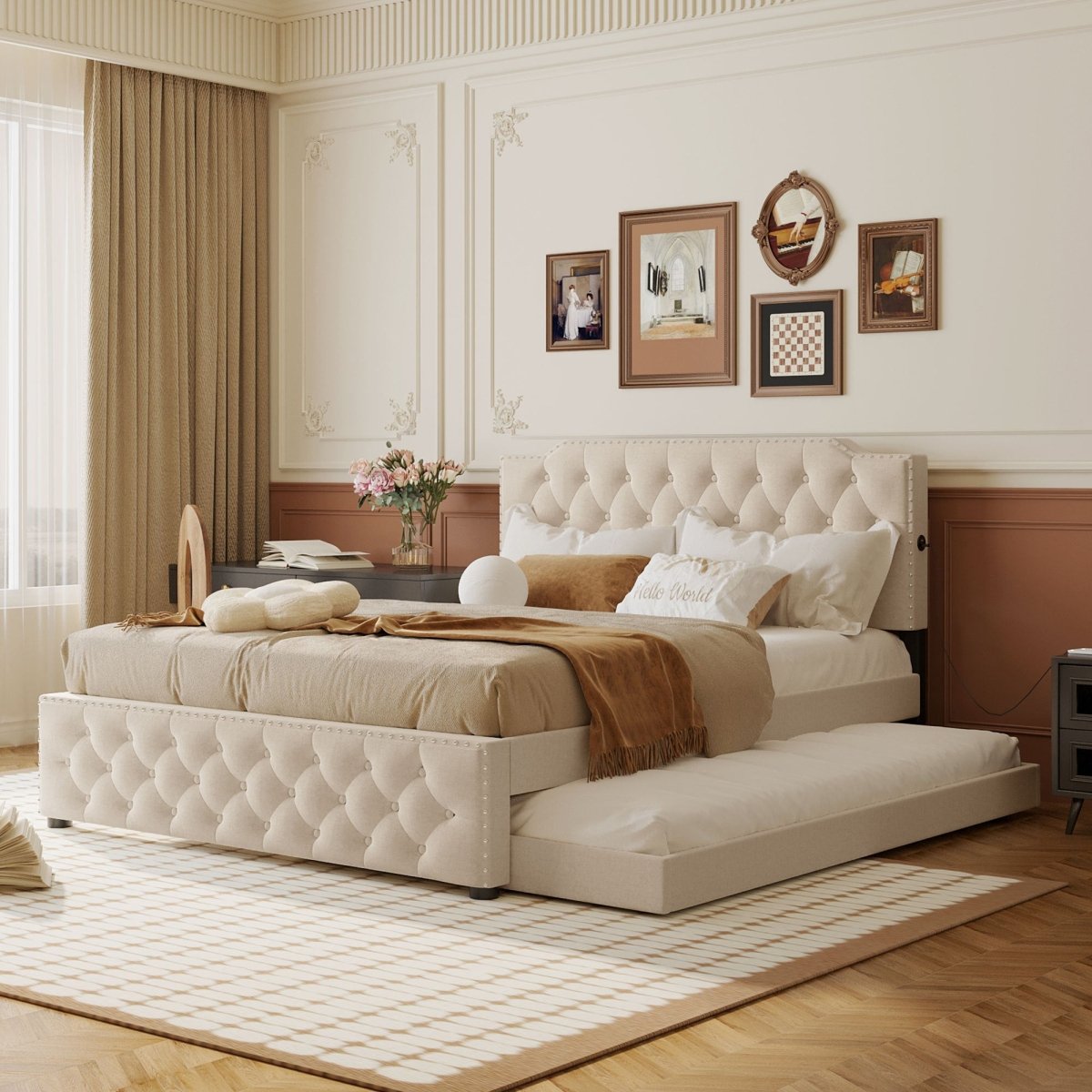 Upholstered Linen Platform Bed With Twin Trundle And USB Ports - Veluna - Sleep Galleria