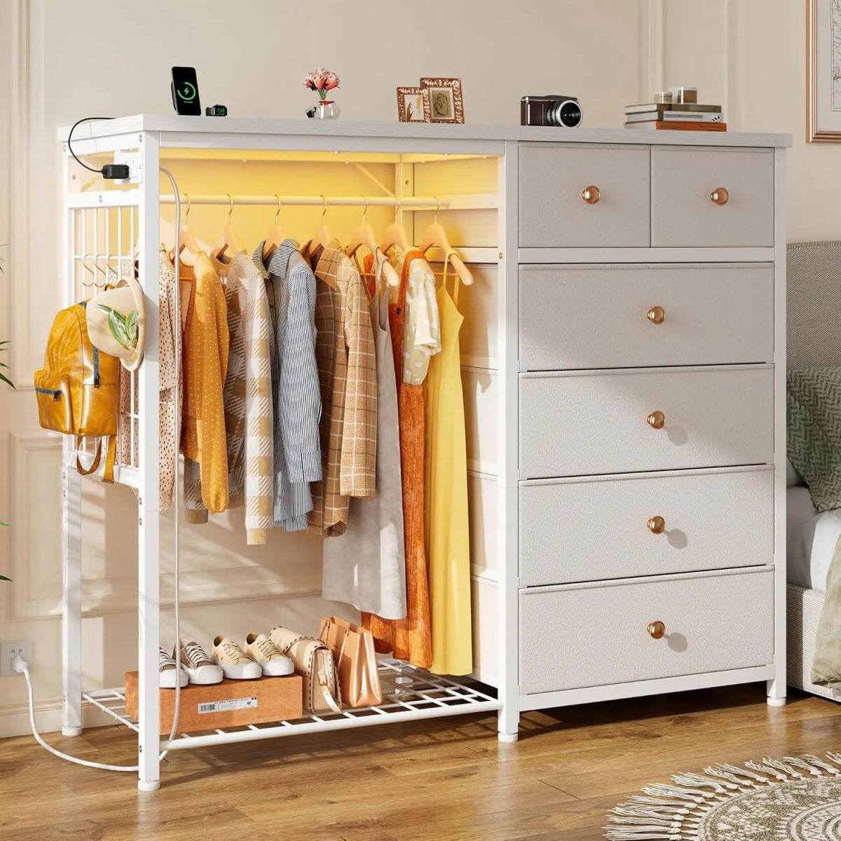Modern 6-Drawer White Dresser With Hanging Rack And LED Lights - Sleep Galleria